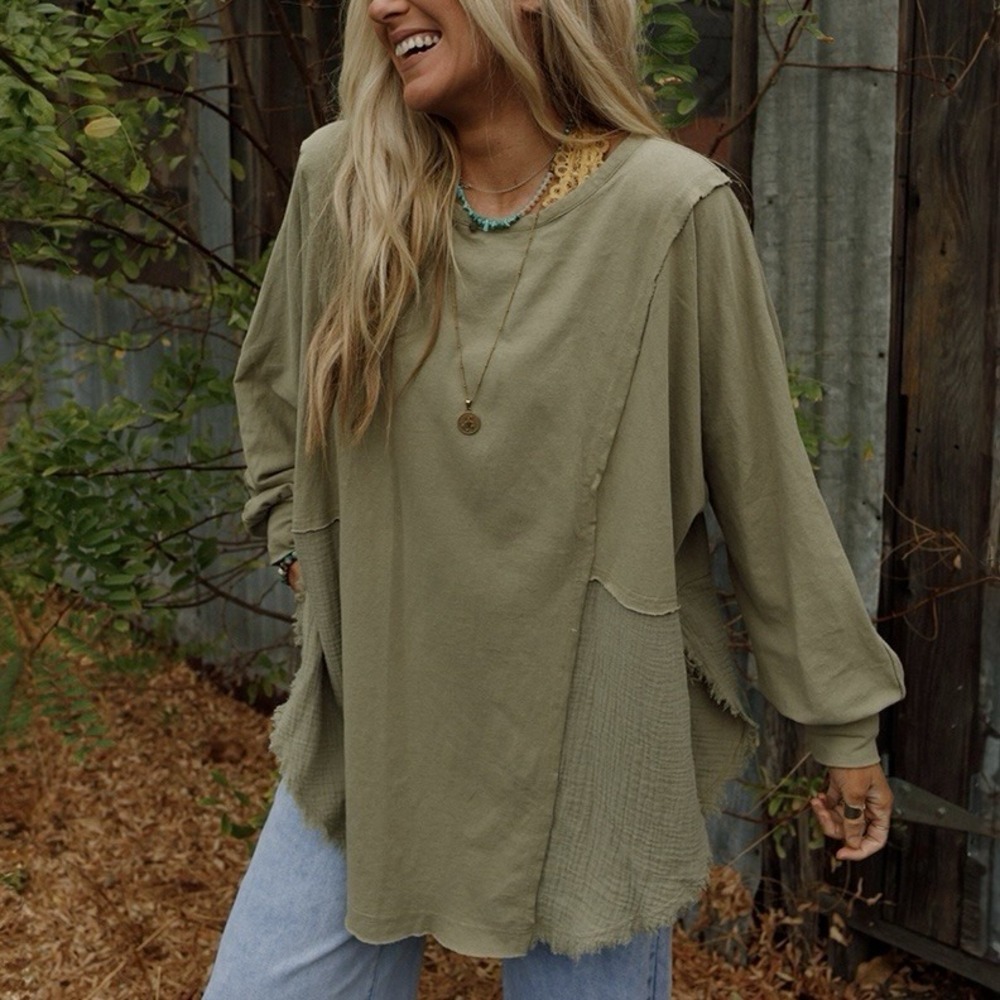 Three Bird Nest Nothing Better Contrast Tunic Top Small Olive Green Oversized